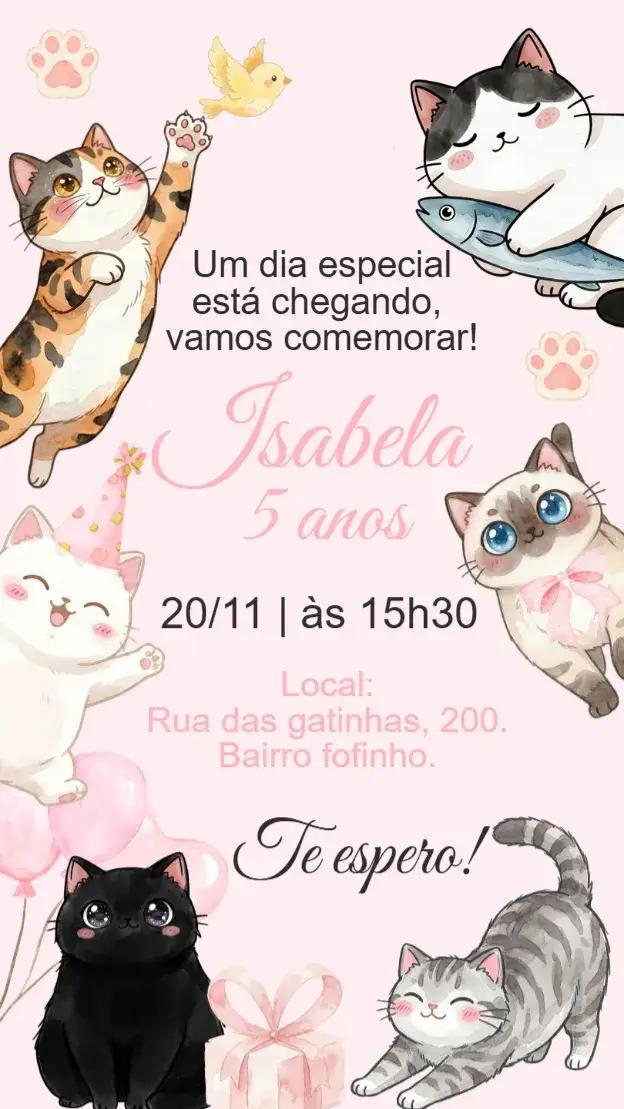 Invitación Convite digital aniversároio gatinhas rosa – tema Aniversário Infantil rosa, aquarela, fofo, delicado, infantil, animais