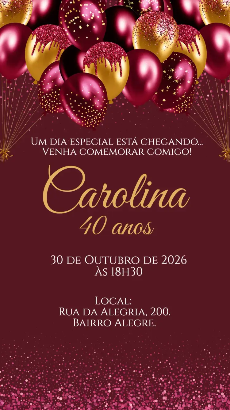 Convite Convite digital anivesário rosa e dourado – tema Aniversário rosa, dourado, glitter, feminino, brilhante, moderno