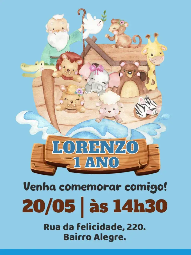 Convite Convite digital Arca de Noé – tema Aniversário Infantil colorido, lúdico, ilustrações de animais, estilo educativo, divertido, temática gospel