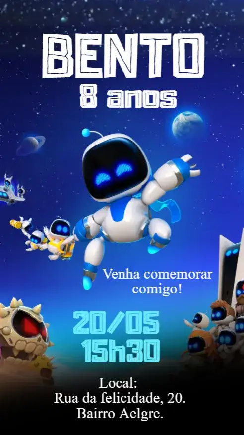 Convite Convite digital Astrobot – tema Aniversário Infantil espaço, gamer, galáxia, futurista, colorido