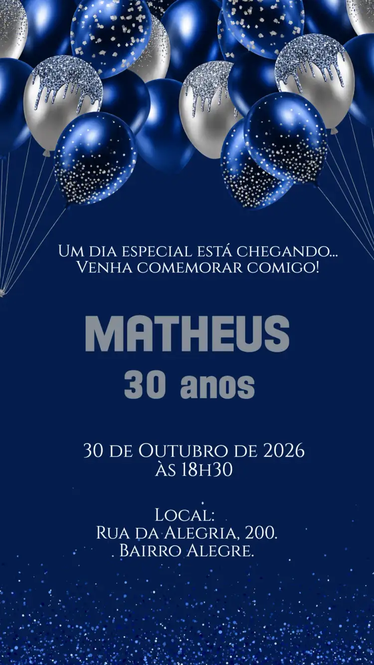 Convite Convite digital Azul e prata – tema Aniversário Infantil moderno, elegante, festivo, azul, prata, masculino