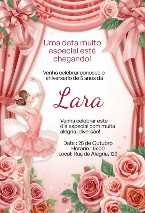 Convite Convite Digital Bailarina com Rosas Rosa Luxo Editável – tema Aniversário Infantil rosa, floral, luxo, delicado, infantil