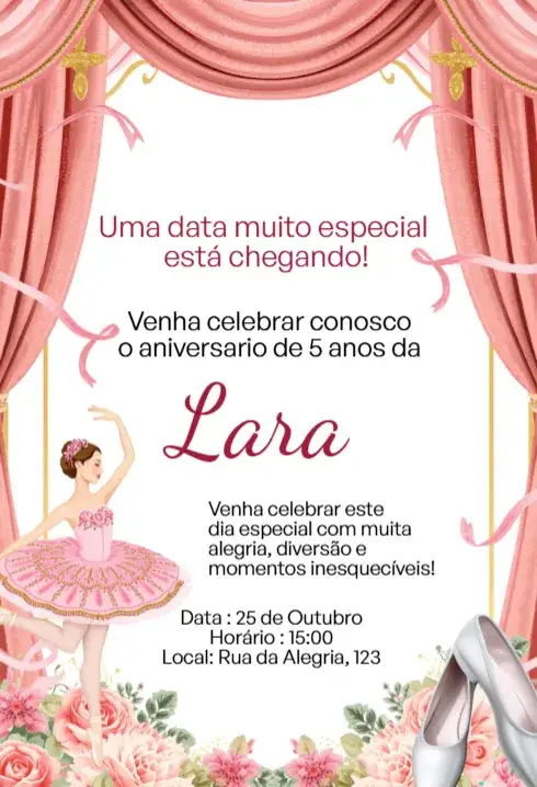 Convite Convite Digital Bailarina Delicada Rosa Editável – tema Aniversário Infantil delicado, rosa, lúdico, infantil, moderno