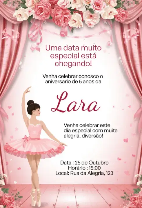 Convite Convite Digital Bailarina Floral Rosa Luxo Editável – tema Aniversário Infantil floral, rosa, luxo, delicado, infantil, moderno