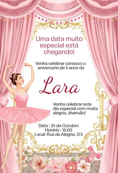 Convite Digital Bailarina Luxo Rosa Gold Editável