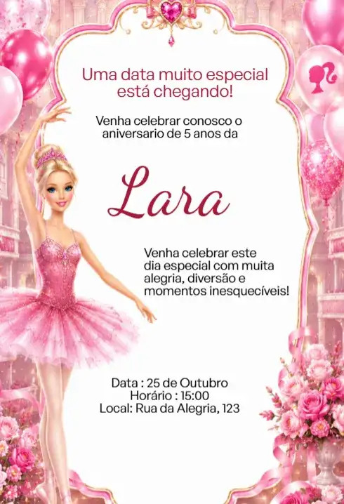 Convite Digital Bailarina Rosa Luxo Editável