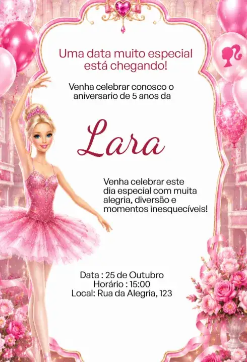 Convite Convite Digital Bailarina Rosa Luxo Editável – tema Aniversário Infantil rosa, luxo, bailarina, elegante, infantil