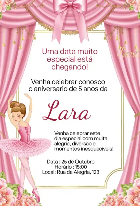 Convite Digital Bailarina Rosa Luxo Editável