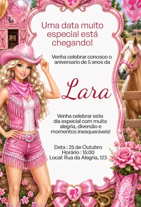 Convite Digital Barbie Cowgirl Rosa Editável