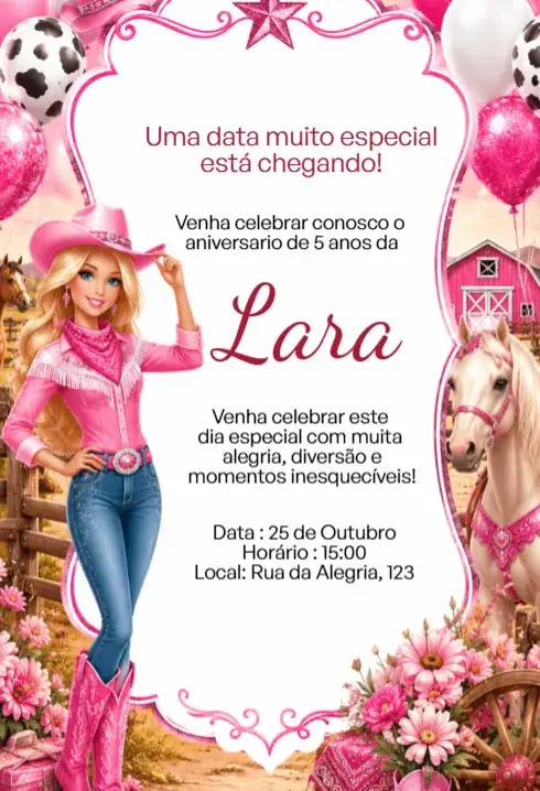 Convite Convite Digital Barbie Cowgirl Rosa Editável – tema Aniversário Infantil rosa, cowgirl, divertido, colorido, temático