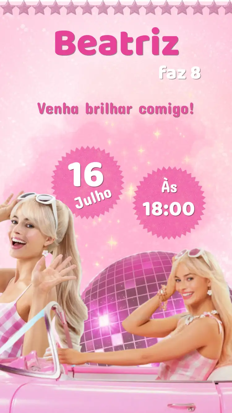 Convite Convite Digital Barbie Encantada - Tema Barbie pra Aniversário – tema Aniversário Infantil cores vibrantes, estilo lúdico, elementos gráficos da Barbie, design encantado, temática de conto de fadas, detalhes femininos