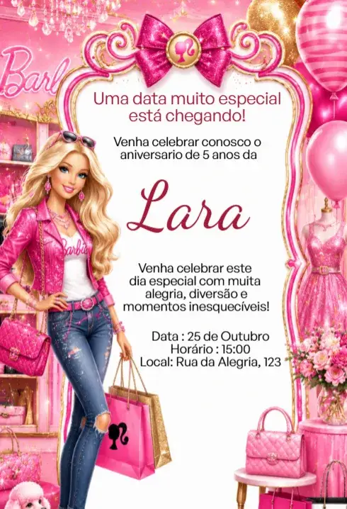 Convite Convite Digital Barbie Fashion Rosa Luxo Editável – tema Aniversário Infantil rosa, glamouroso, moderna, brilho, feminino, divertido