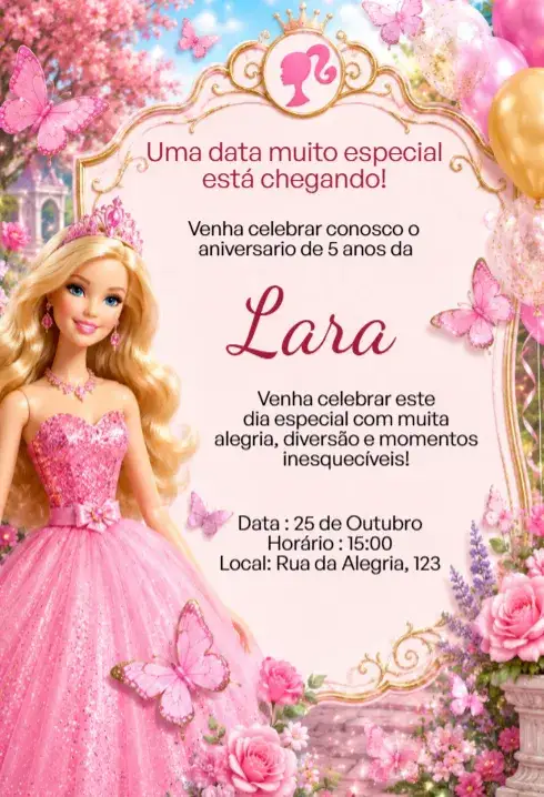 Convite Convite Digital Barbie Jardim Encantado Editável – tema Aniversário Infantil jardim encantado, cores vibrantes, elementos gráficos de borboletas, estilo lúdico, toques de fantasia, design colorido