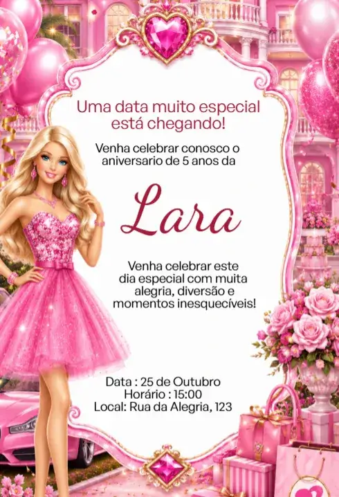 Convite Convite Digital Barbie Luxo Rosa Editável – tema Aniversário Infantil rosa, luxo, infantil, brilhante, moderno, divertido
