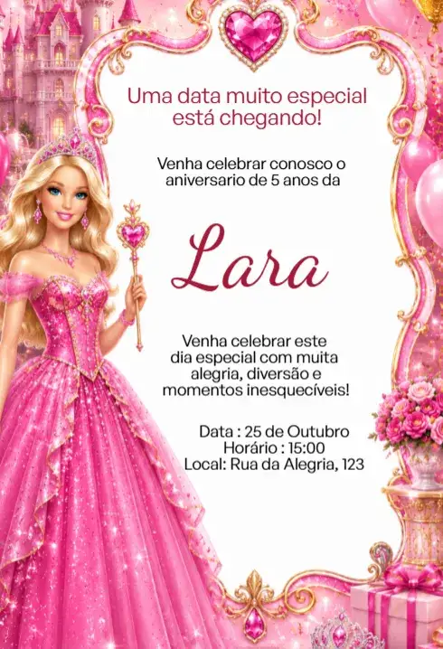 Convite Convite Digital Barbie Princesa Luxo Rosa Editável – tema Aniversário Infantil rosa, princesa, luxo, brilho, divertido, colorido