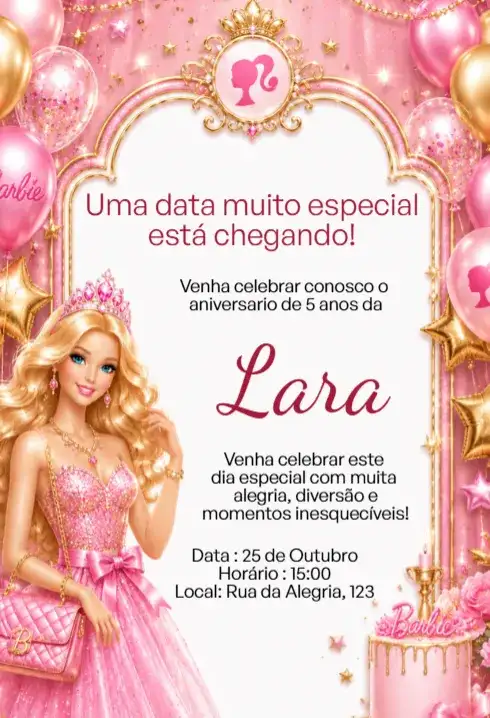 Convite Digital Barbie Princesa Rosa Dourado Editável