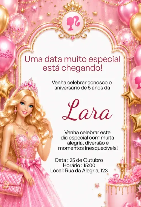 Editable Barbie Princess Pink Gold Digital Invitation