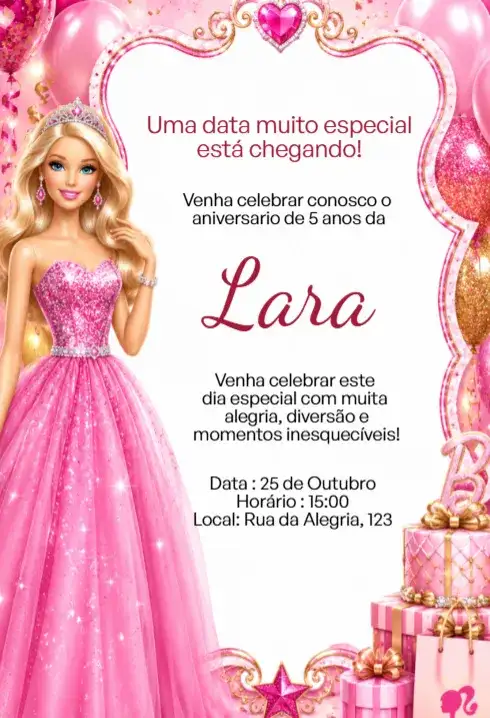 Convite Digital Barbie Princesa Rosa Luxo Editável