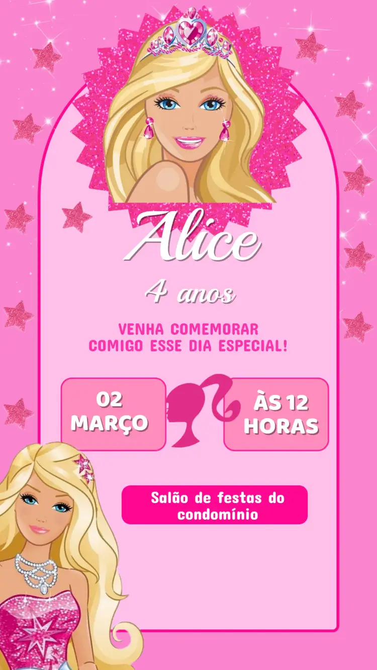 Convite Digital Barbie Rosa Infantil - Editável e Personalizado