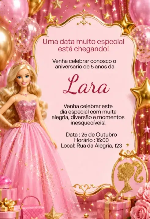 Convite Digital Barbie Rosa Luxo Dourado Editável