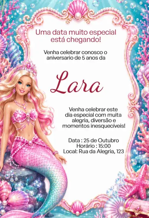 Convite Convite Digital Barbie Sereia Rosa Editável – tema Aniversário Infantil cores vibrantes, elementos marinhos, estilo lúdico, tonalidades de rosa, gráficos divertidos, tema sereia