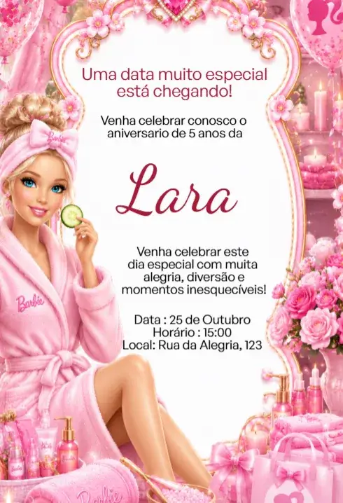 Convite Convite Digital Barbie Spa Rosa Editável – tema Aniversário Infantil rosa, brilhoso, divertido, infantil, moderno