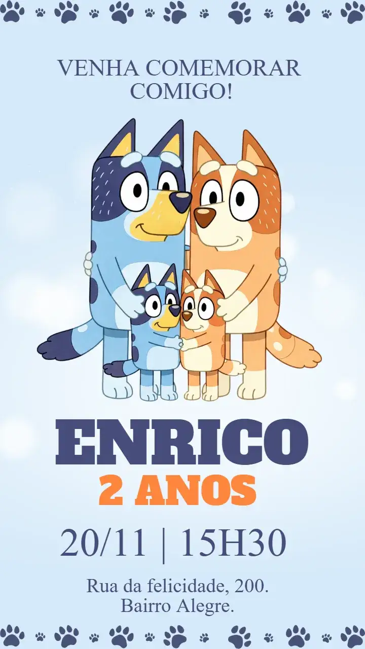 Invitación Convite digital Bluey e Bingo azul – tema Aniversário Infantil azul, divertido, lúdico, infantil, colorido, moderno