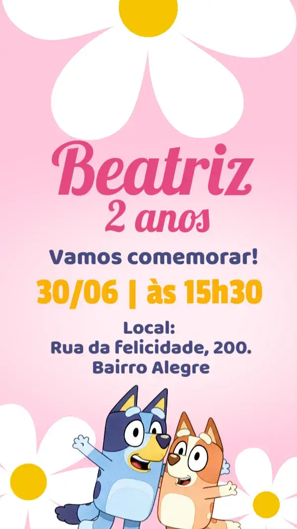 Invitación Convite digital Bluey e Bingo rosa – tema Aniversário Infantil rosa, floral, divertido, colorido, infantil, alegre