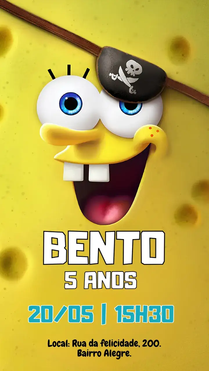 Convite Convite digital Bob Esponja – tema Aniversário Infantil marinho, colorido, divertido, infantil, temática, amarelo