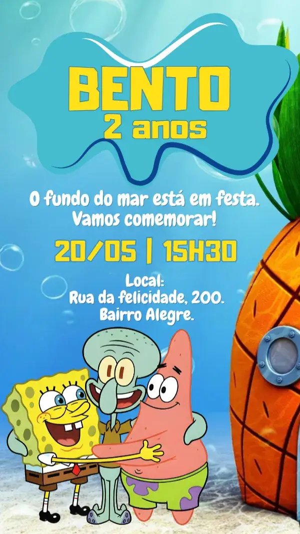Convite Convite digital Bob Esponja – tema Aniversário Infantil marítimo, colorido, divertido, infantil, lúdico, tropical