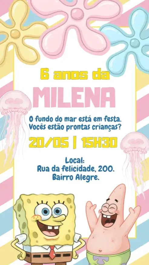 Convite Convite digital Bob esponja Candy – tema Aniversário Infantil colorido, doce, fundo do mar, infantil, divertido, candy
