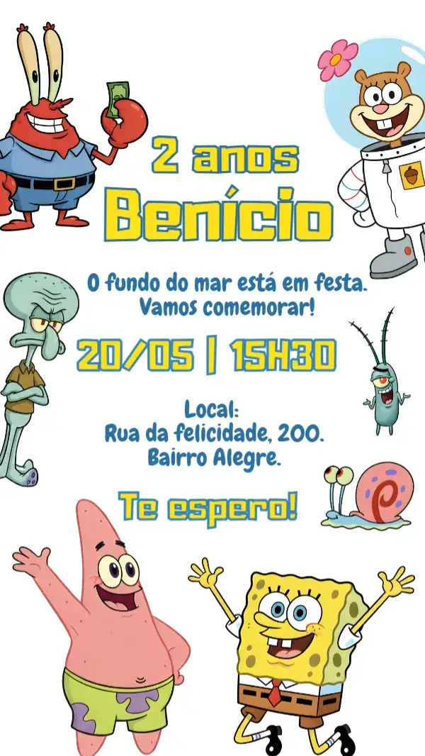 Convite Convite digital Bob Esponja e amigos – tema Aniversário Infantil colorido, lúdico, temático, marinho, divertido