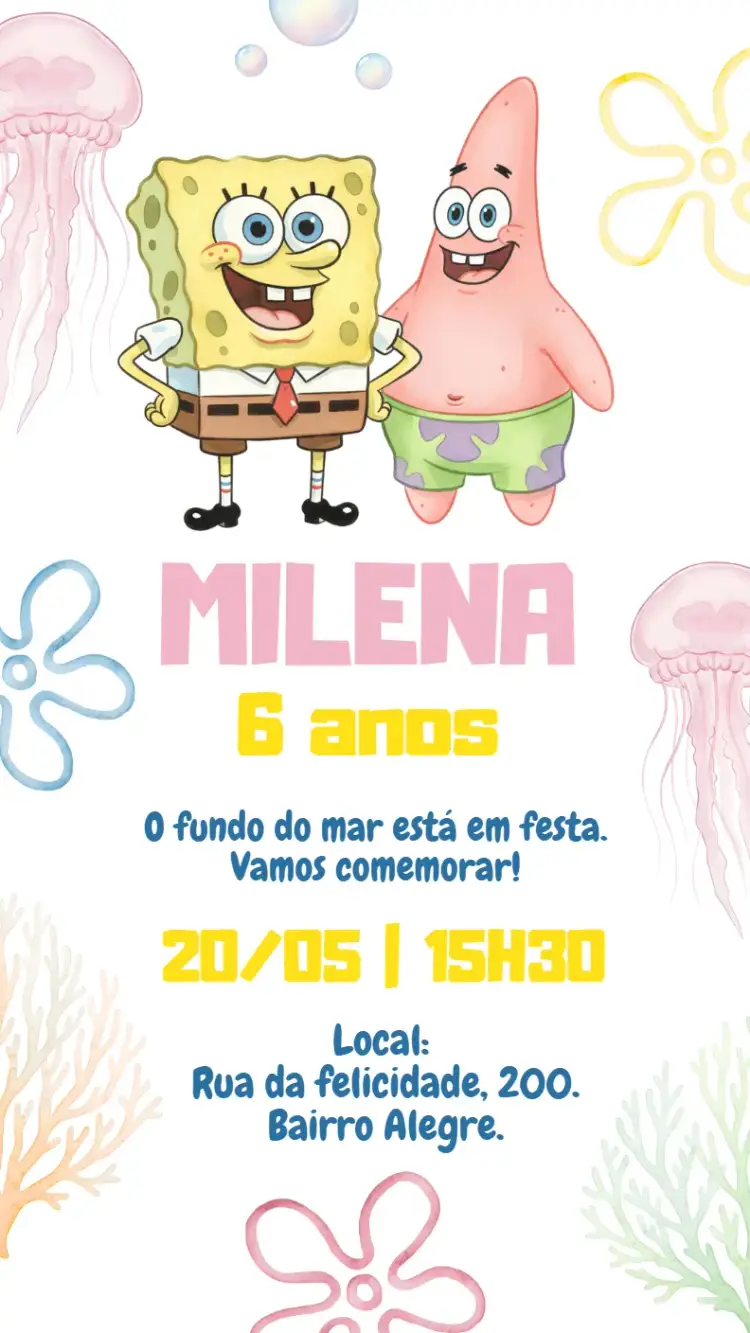 Convite Convite digital Bob Esponja Rosa – tema Aniversário Infantil divertido, colorido, infantil, marinho, lúdico, candy color