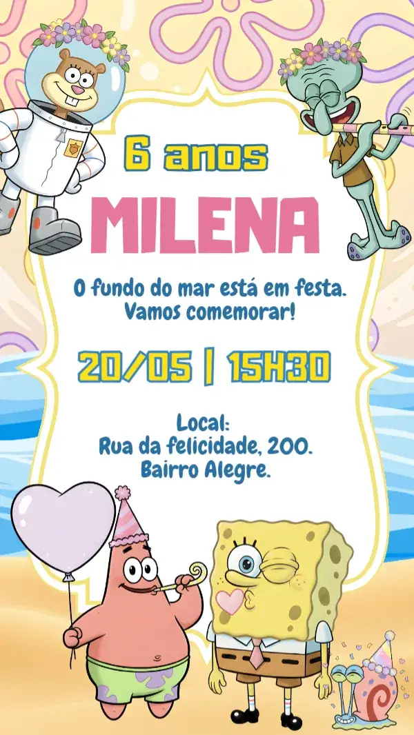 Convite Convite digital Bob esponja rosa – tema Aniversário Infantil rosa, fundo do mar, divertido, colorido, infantil, temático