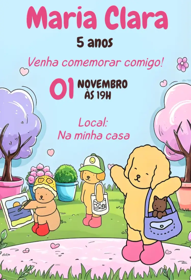 Convite Convite Digital Bobbie Goods – tema Aniversário kawaii, minimalista, fofo, delicado, moderno