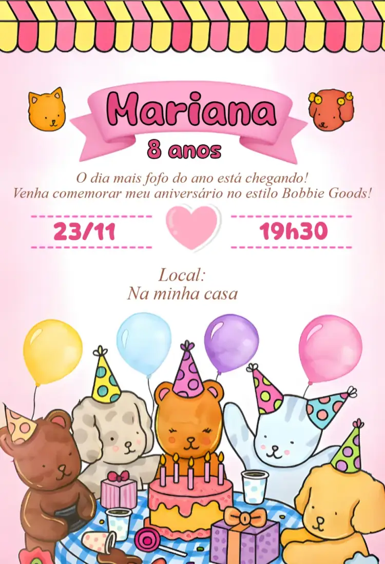 Convite Convite digital bobbie goods – tema Aniversário kawaii, minimalista, rosa, fofo, moderno, aesthetic