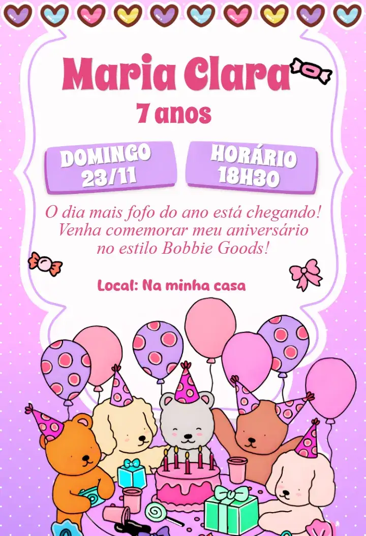 Convite Convite digital bobbie goods – tema Aniversário rosa, kawaii, minimalista, moderno, fofo
