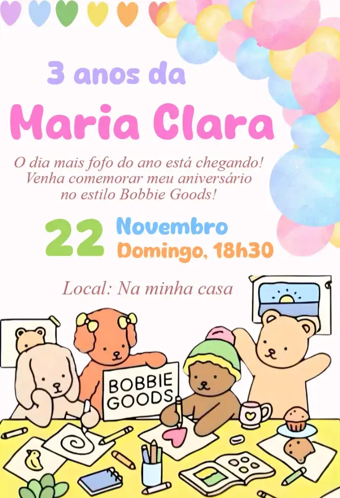 Convite convite digital bobbie goods – tema Aniversário rosa, moderno, fofo, minimalista, kawaii
