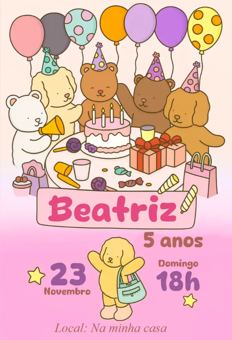 Convite Convite digital bobbie goods – tema Aniversário kawaii, minimalista, fofo, rosa, moderno, colorido