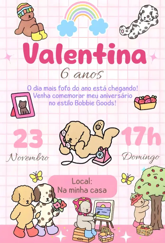 Convite Convite digital bobbie goods – tema Aniversário rosa, kawaii, moderno, delicado, aesthetic