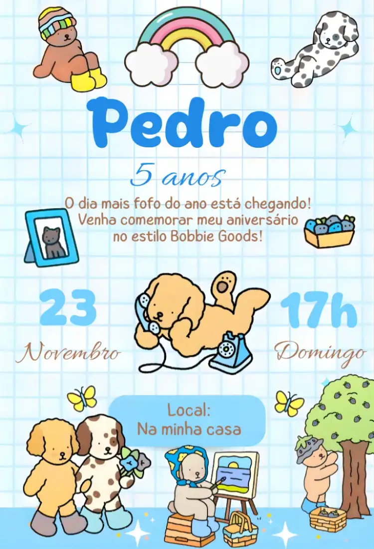 Convite Convite digital bobbie goods – tema Aniversário kawaii, minimalista, moderno, rosa, fofo