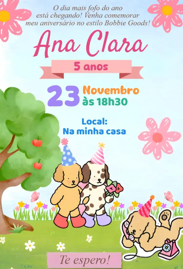 Convite Convite digital bobbie goods – tema Aniversário rosa, kawaii, moderno, fofo, minimalista