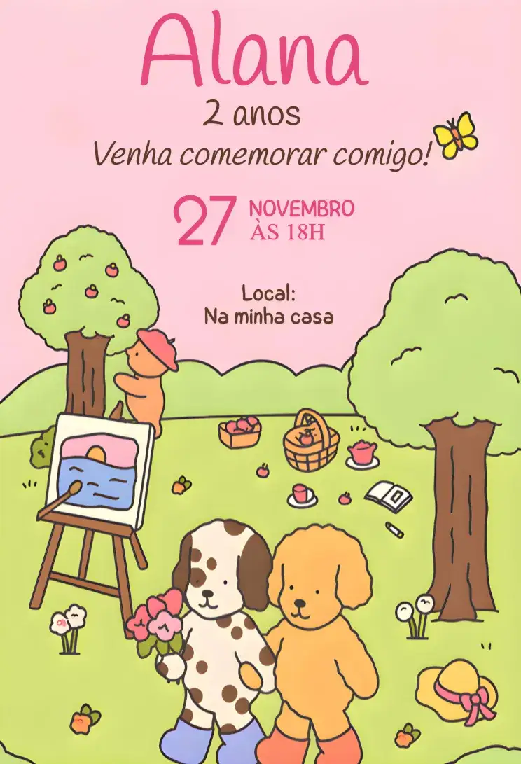 Convite Convite Digital Bobbie Goods – tema Aniversário pastel, minimalista, coreano, fofo, vintage, moderno