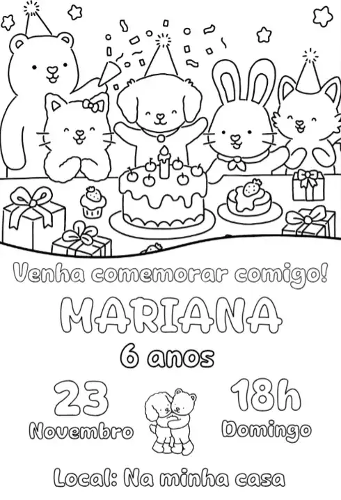 Convite convite digital bobbie goods para colorir – tema Aniversário colorido, divertido, infantil, crianças, artesanal