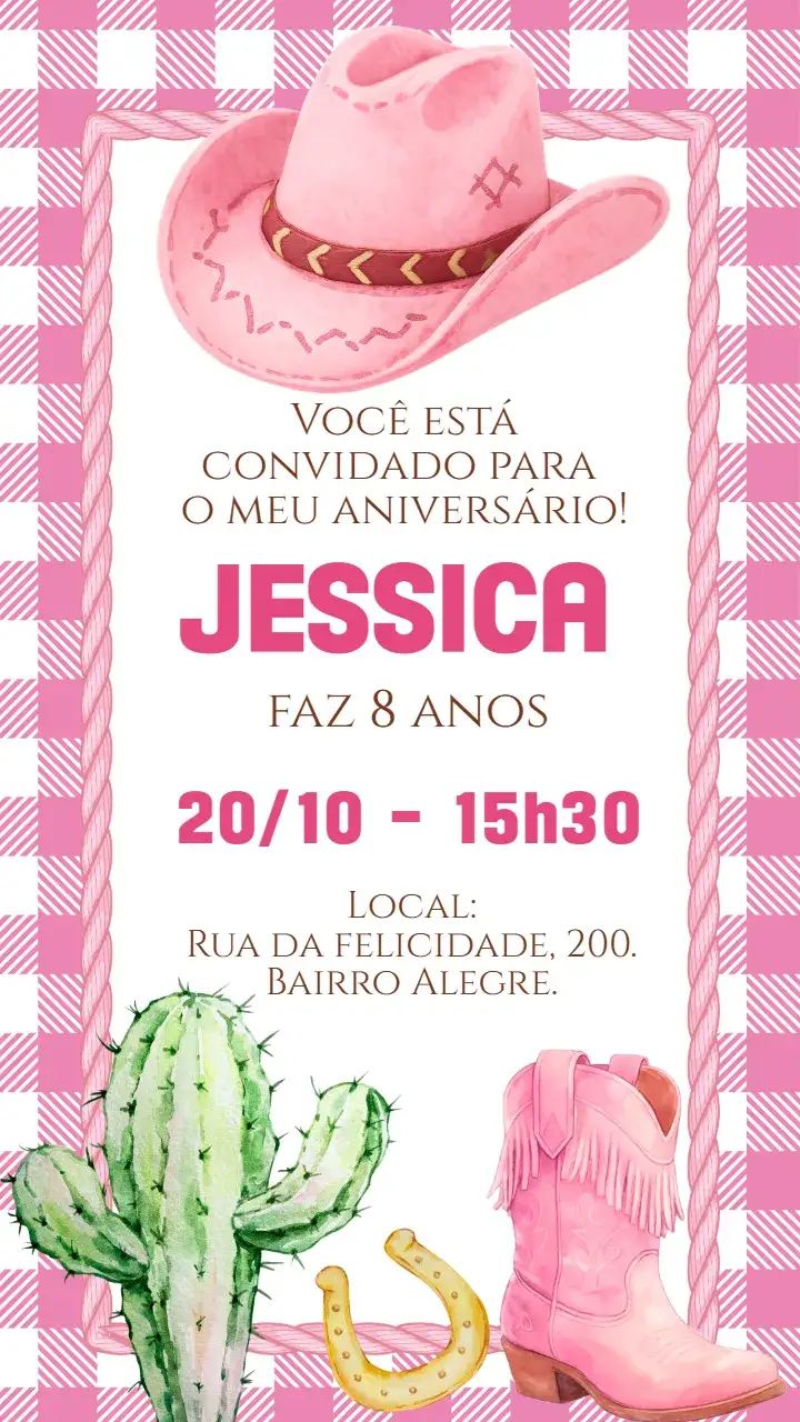 Invitación Convite digital boiadeira cowgirl country – tema Aniversário Infantil country, floral, rosa, divertido, rústico
