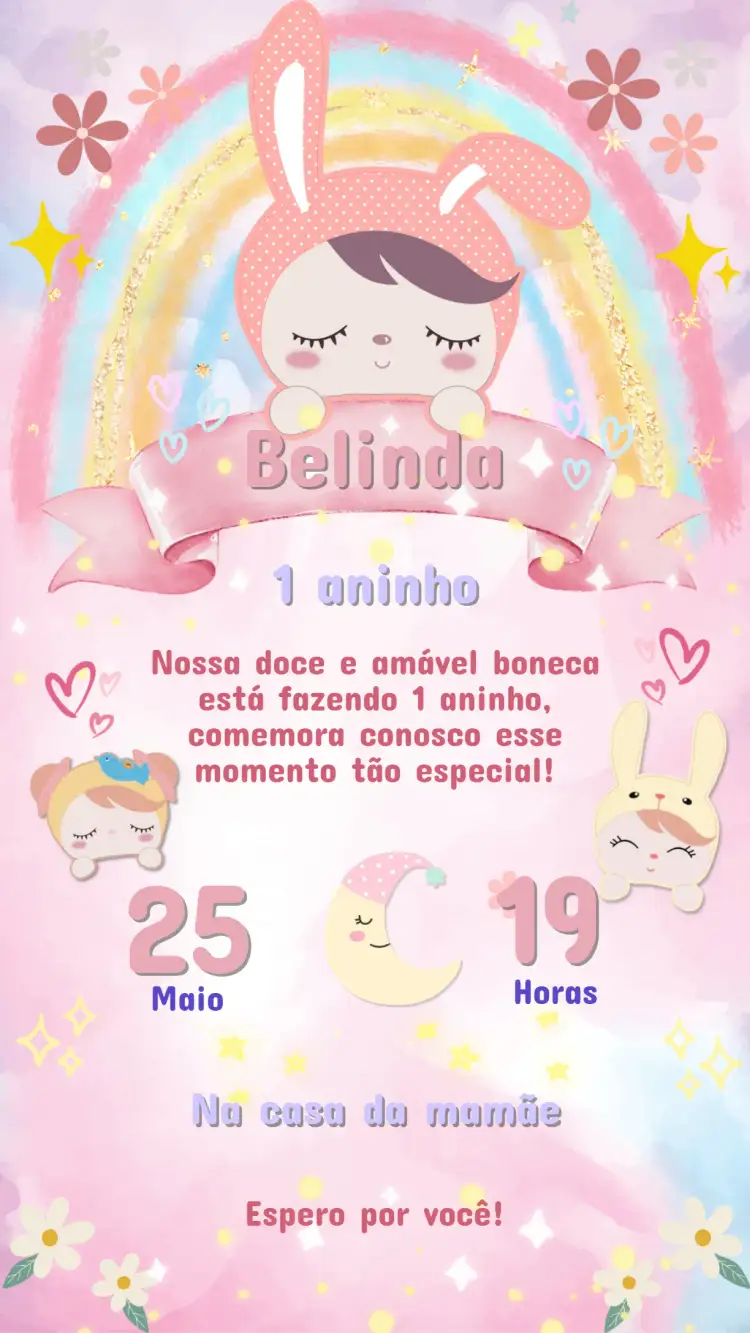 Convite Convite Digital Boneca Metoo Infantil Para Editar – tema Aniversário Infantil colorido, divertido, infantil, ilustrações de bonecas, brilhante, lúdico