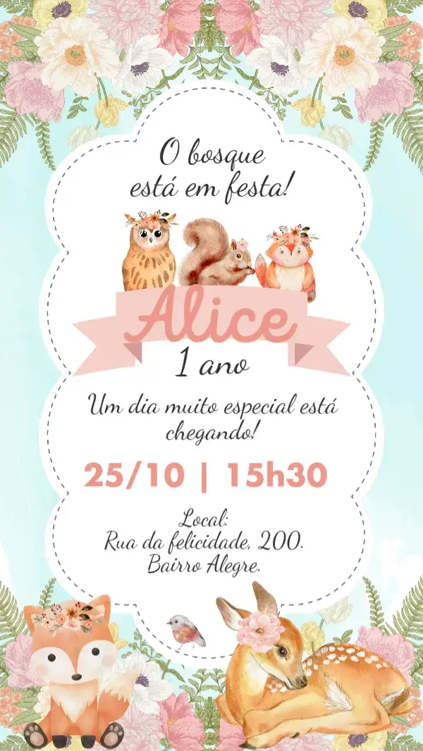 Invitación Convite digital Bosque encantado aquarela – tema Aniversário Infantil aquarela, floral, natureza, colorido, fantasia, infantil