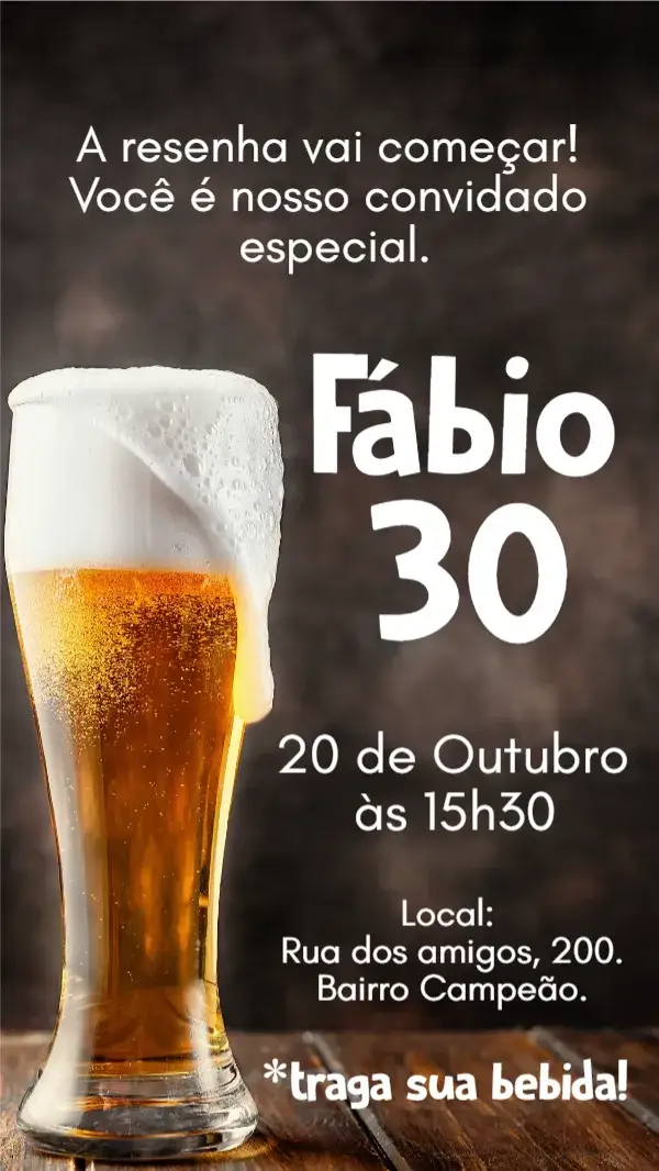 Invitación Convite digital Boteco Cerveja churrasco – tema Aniversário boteco, churrasco, cerveja, moderno, descontraído, masculino