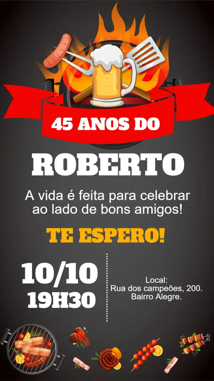 Invitación Convite digital boteco churrasco entre amigos – tema Aniversário cores quentes, estilo descontraído, elementos gráficos de boteco, design vibrante, toque masculino