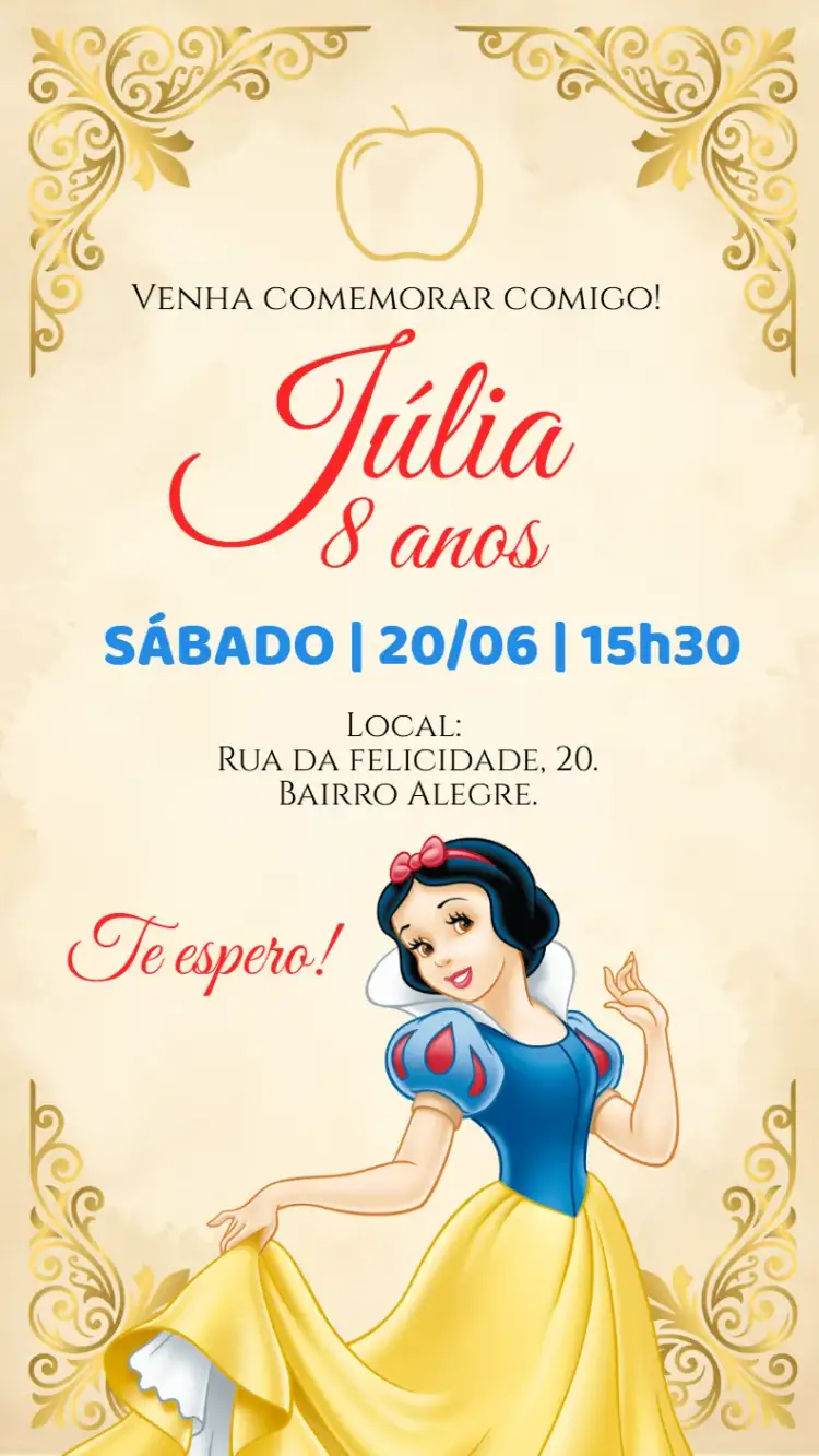 Invitación Invitación digital Blancanieves – tema Cumpleaños Infantil colores vibrantes, estilo lúdico, elementos de Disney, dorado y rojo, ilustraciones infantiles, tema de princesa